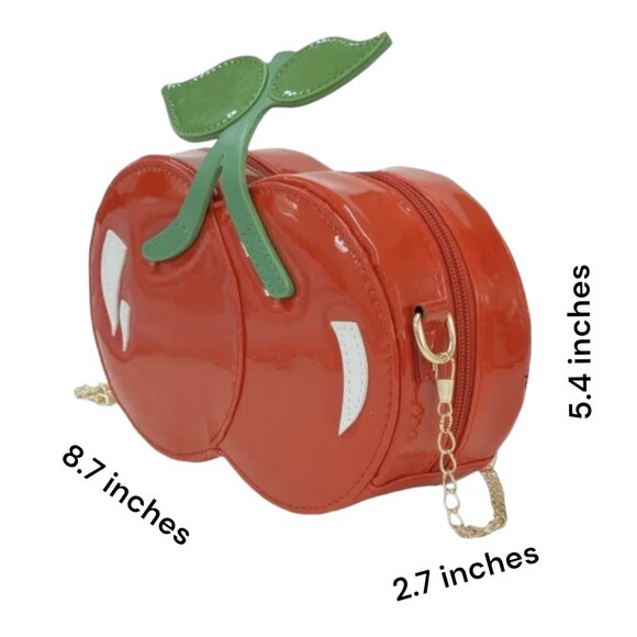 Cherry Red Mini Shoulder Bag Green Leaf Chain Strap - Picture 2 of 10